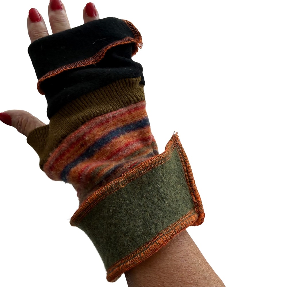 War Pony Womens Boiled Wool Fingerless Gloves Patchwork Warmers Artsy Eclectic